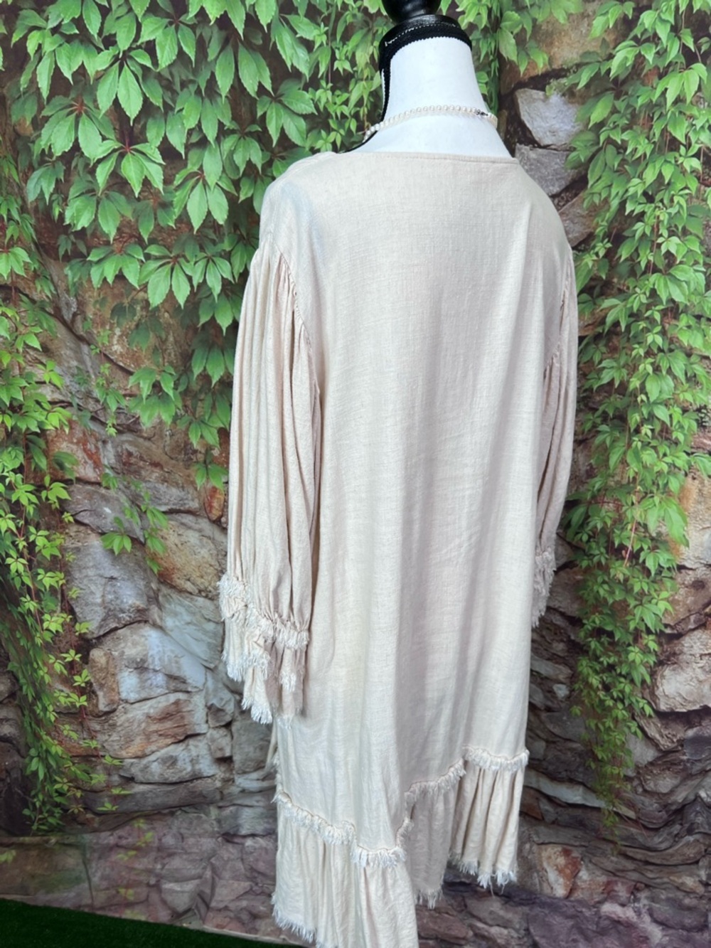 MAZIK Linen Blend Fringed Ruffle Trim Quiet Luxury Shift Dress, L - Picture 7 of 11